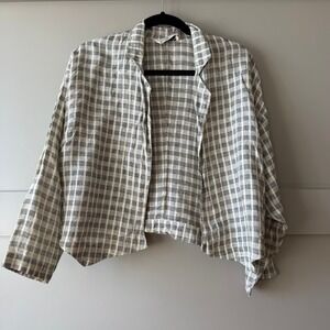 Vintage Lanerossi Plaid Linen Jacket Women 42 Black Cream Open Cropped‎ Boxy